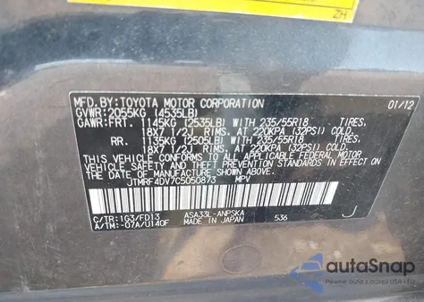 2012 Toyota Rav4 Sport from USA, damaged, VIN JTMRF4DV7C5050873
